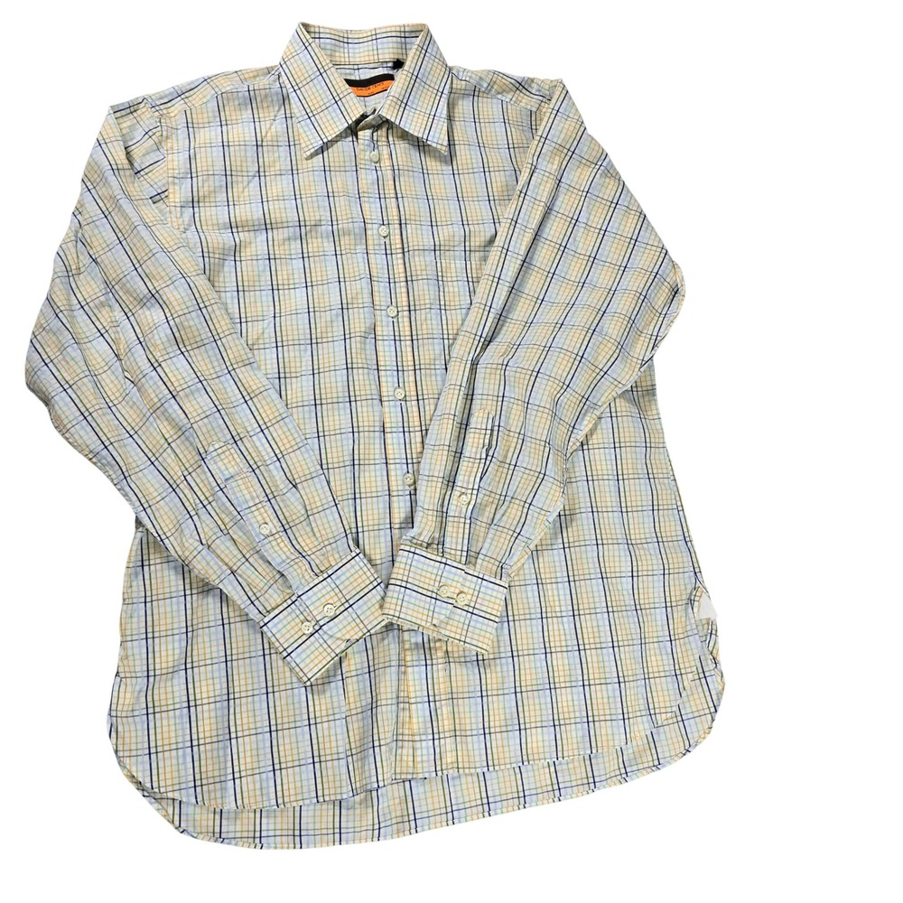 Davide Cenci Mens 16 41 Cotton Check Button‎ Down Shirt Italy Yellow Blue White
